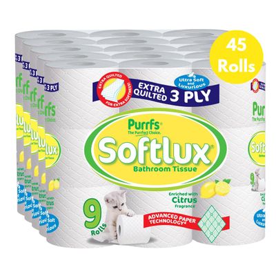 Purrfs Softlux 3ply Luxury Quilted Soft Toilet Rolls 9 Rolls (Citrus, 45 Rolls)