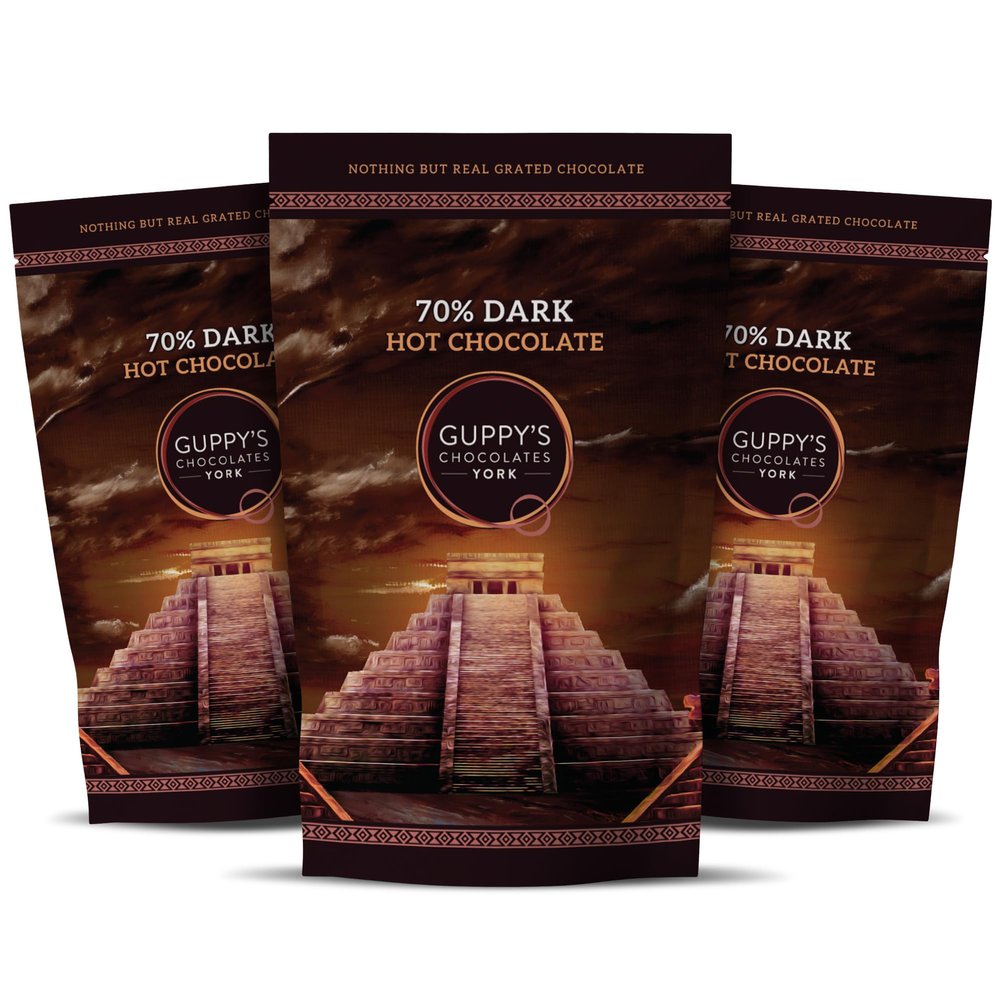 Guppy's Chocolates York | Luxury Hot Chocolate Flakes | 3 Pack | Real Grated Drinking Chocolate | 245g Resealable Pouch Equal To 7 Sachets per pack (Dark | Dark | Dark)