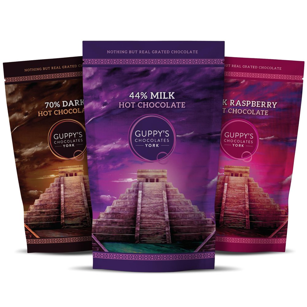 Guppy's Chocolates York | Luxury Hot Chocolate Flakes | 3 Pack | Real Grated Drinking Chocolate | 245gram Resealable Pouch Equal To 7 Sachets per pack (Dark | Milk | Raspberry)