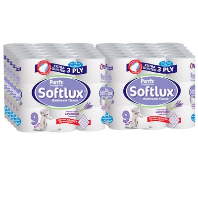 Purrfs Softlux 3ply Luxury Quilted Soft Toilet Rolls 9 Rolls (Lavender, 90 Rolls)