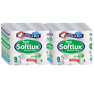 Purrfs Softlux 3ply Luxury Quilted Soft Toilet Rolls 9 Rolls (Aloe Vera, 90 Rolls)