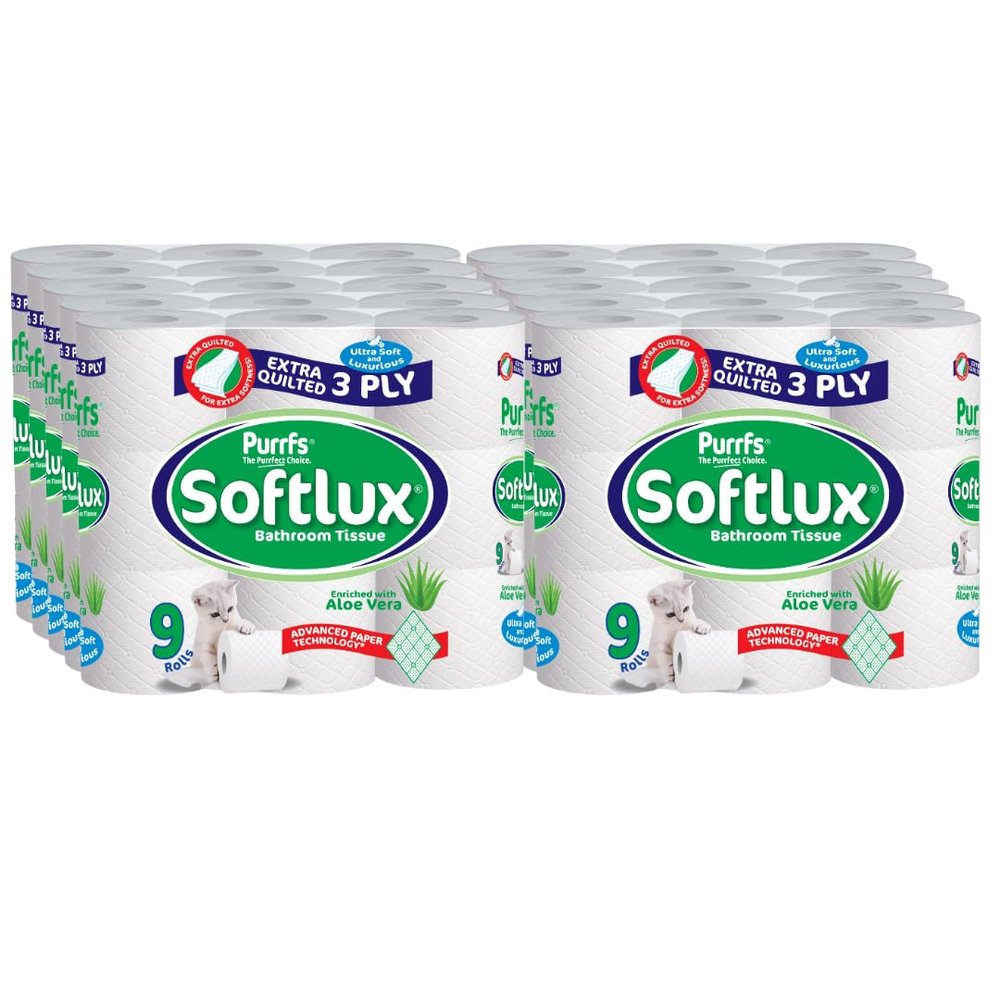 Purrfs Softlux 3ply Luxury Quilted Soft Toilet Rolls 9 Rolls (Aloe Vera, 90 Rolls)