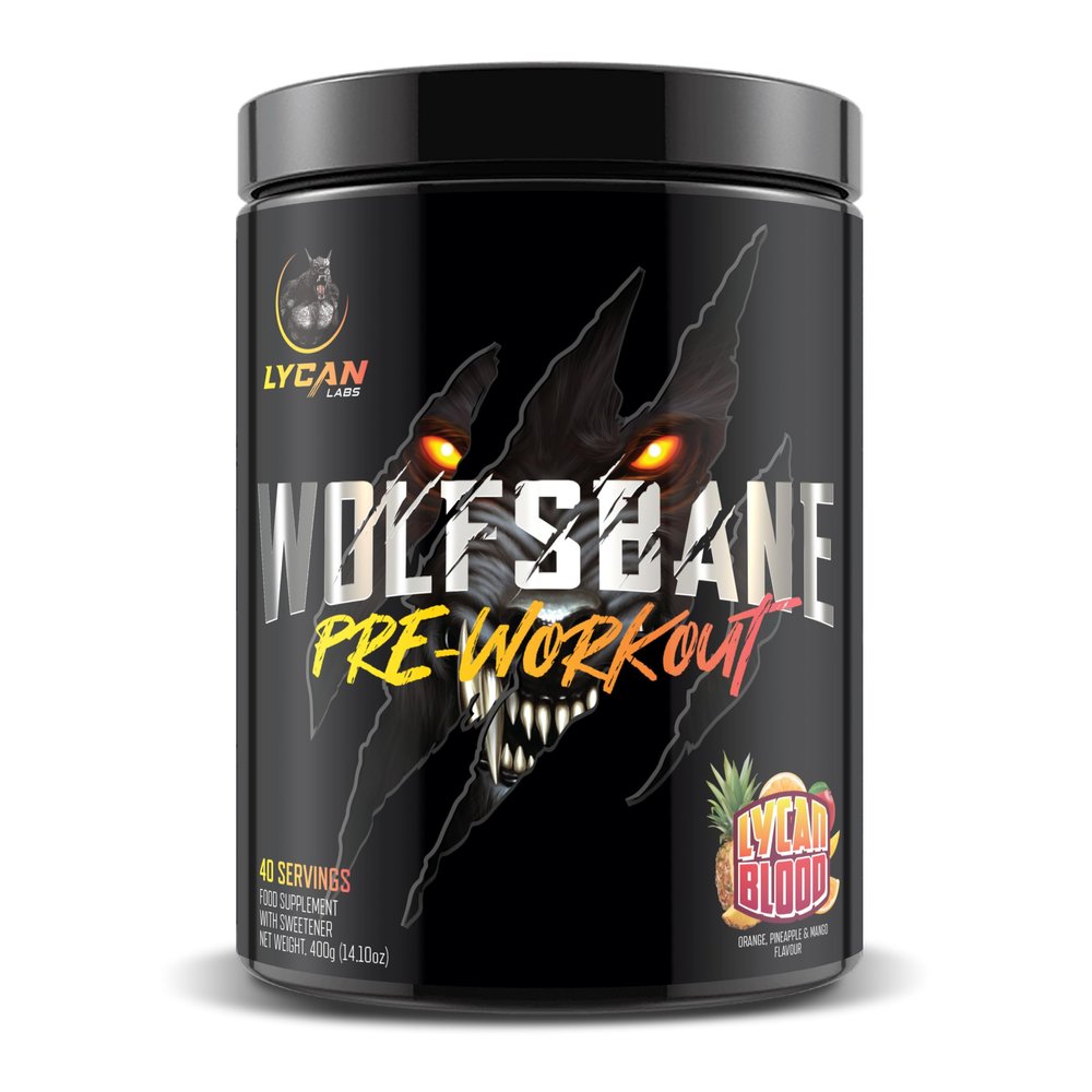Lycan Labs Wolfsbane Strong Pre Workout Powder  High Stim Energy, Pump & Focus, 350mg Caffeine, 6g Citrulline, 3.2g BetaAlanine, Mango, Pineapple & Orange, 40/20 Servings