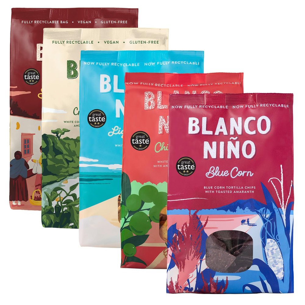 Blanco Nio Tortilla Chips Variety Pack | Blue Corn, Chilli & Lime, Creamy Jalapeo, Lightly Salted & Smoky Chipotle | Gluten Free & Vegan | 5 x 170g Bags