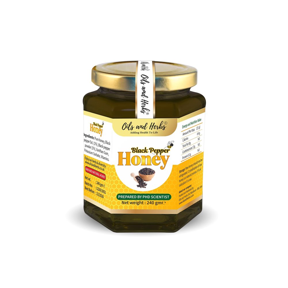 Premium Herbal Infused Raw Honey Collection- 100% Natural with No fillers or Binders Added. Multiple Flavours - Good Health Benefits with Every Spoon (Black Pepper Honey)
