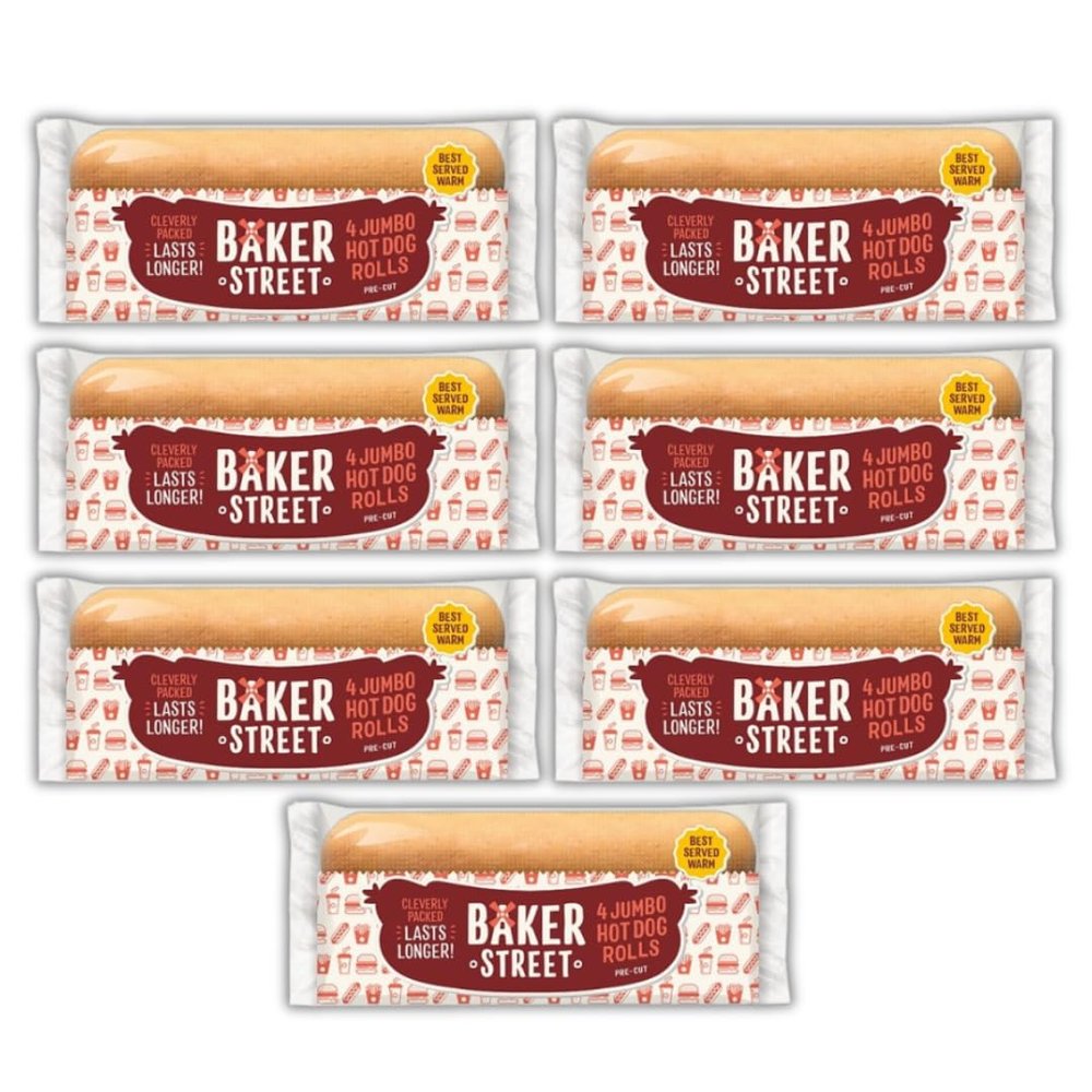 Jumbo Hot Dog Buns Rolls Pre-Cut Baker Streets (7 Bags of 4 (Total 28 Buns))