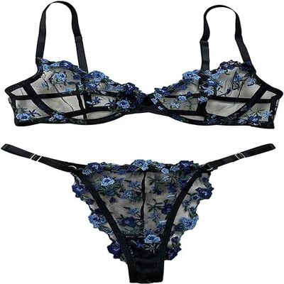 SHEKINI Women Mesh Lingerie Sets 2 Piece Floral Sheer Bra and Sexy Panty Teddy Babydolls Lingerie Underwear Outfit Ladies Naughty Nightwear Strappy Sets S-XL Black