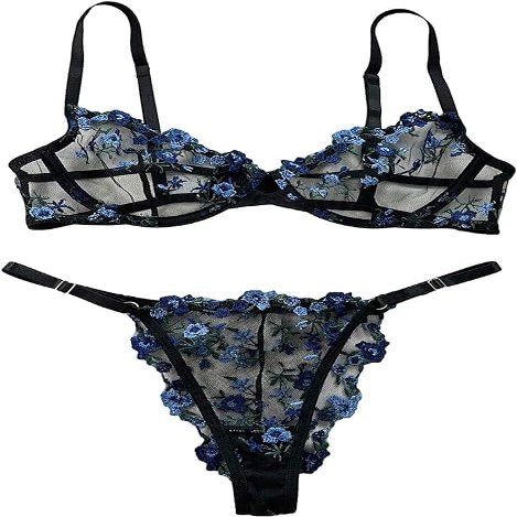 SHEKINI Women Mesh Lingerie Sets 2 Piece Floral Sheer Bra and Sexy Panty Teddy Babydolls Lingerie Underwear Outfit Ladies Naughty Nightwear Strappy Sets S-XL Black
