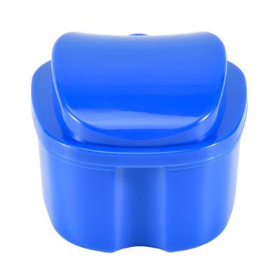 Rordigo Dark Blue Denture Case, Denture Cup with Strainer, Denture Bath Box False Teeth Storage Box with Basket Net Container Holder for Travel