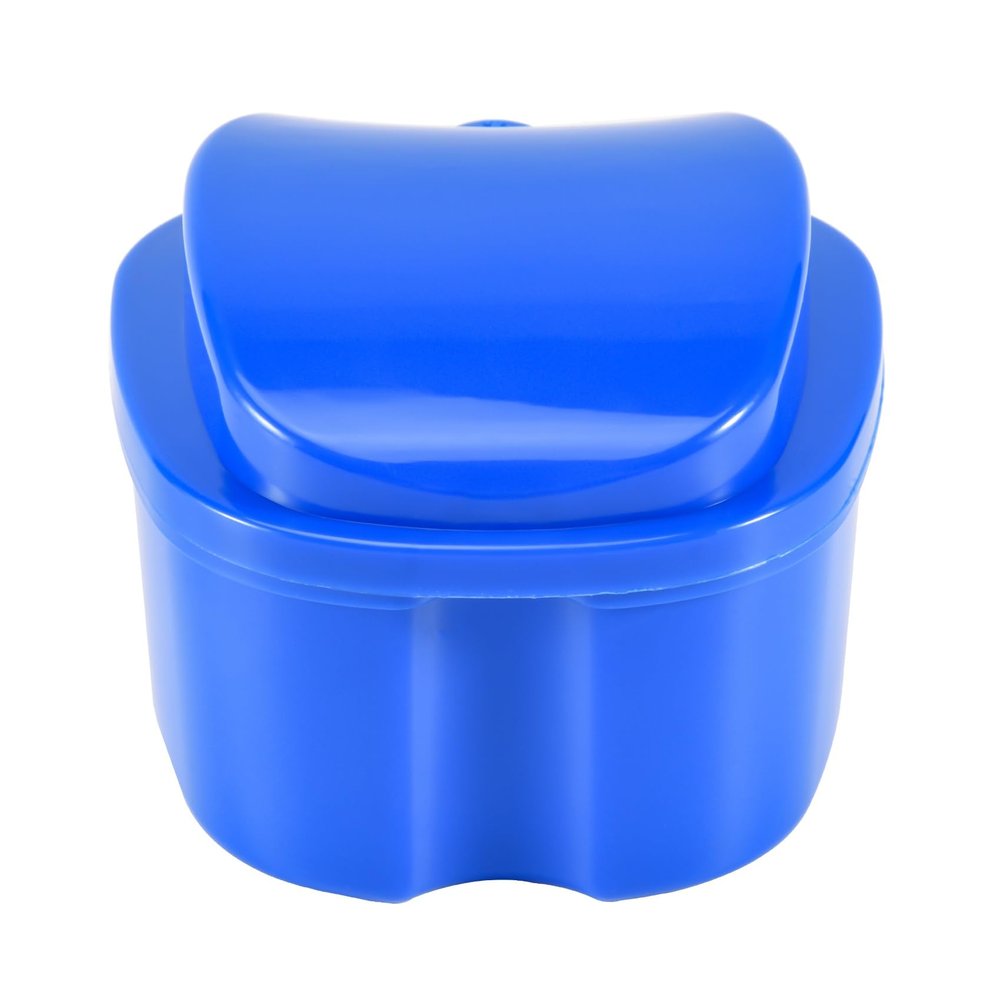 Rordigo Dark Blue Denture Case, Denture Cup with Strainer, Denture Bath Box False Teeth Storage Box with Basket Net Container Holder for Travel