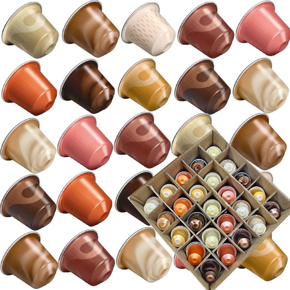 25x Coffee Capsules Compatible with Nespresso Original Machines Barista-Style Flavour Gift Box in Compartment Storage with Free Sweet Treats