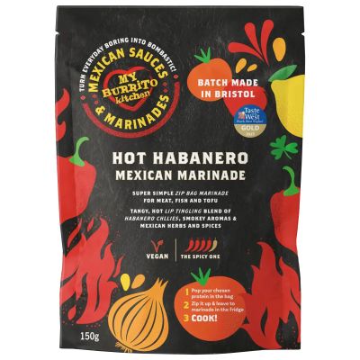 My Burrito Kitchen Hot Habanero Mexican Marinade (1 x 150g Pouch). Plant Based Herb & Chilli Mix. Super Simple Zip Bag. BBQ Seasoning For Meat, Fish, Tofu. Spicy Tacos Mix - Batch Made in Bristol