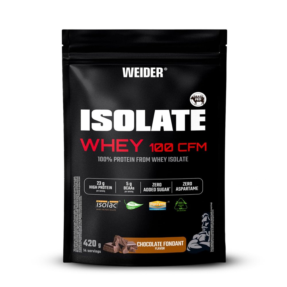 Weider Isolate Whey 100CFM (420g) Chocolate Flavour, Protein 100% Isolate Whey from Isolac, 23g Protein/Portion, with Digestive Enzymes Digezyme, No Added Sugar, No Aspartame, Low Fat, 14 Servings
