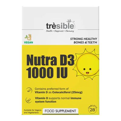 Trsible High Strength Vitamin D3 Supplement | Nutra D3 1000 IU 28 Tablets | Immune System Enhancer | Bone, Teeth, Muscle Health | Vegan, Vegetarian, Gluten Free, Halal | No Synthetic Binders/Coating