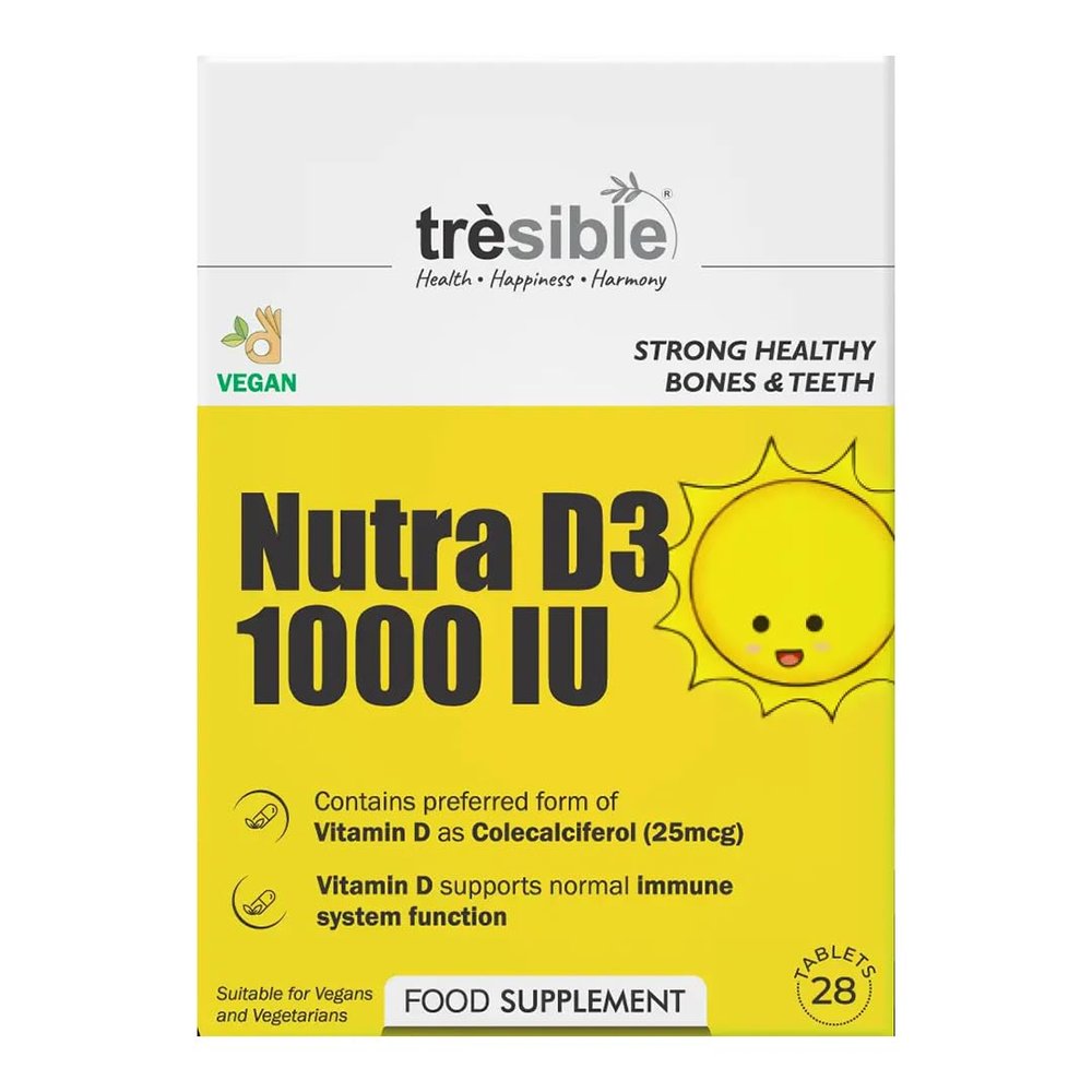 Trsible High Strength Vitamin D3 Supplement | Nutra D3 1000 IU 28 Tablets | Immune System Enhancer | Bone, Teeth, Muscle Health | Vegan, Vegetarian, Gluten Free, Halal | No Synthetic Binders/Coating