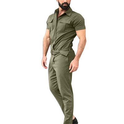 Duohropke Men's Summer Jumpsuit Plain Playsuit Men's Playsuit Trouser Suit Casual Romper One-Piece Zip Sportswear Jogging Suit Short Trousers Short Sleeve Jumpsuit Onesie with Pockets, Green, XL