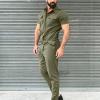 Duohropke Men's Summer Jumpsuit Plain Playsuit Men's Playsuit Trouser Suit Casual Romper One-Piece Zip Sportswear Jogging Suit Short Trousers Short Sleeve Jumpsuit Onesie with Pockets, Green, XL view 2