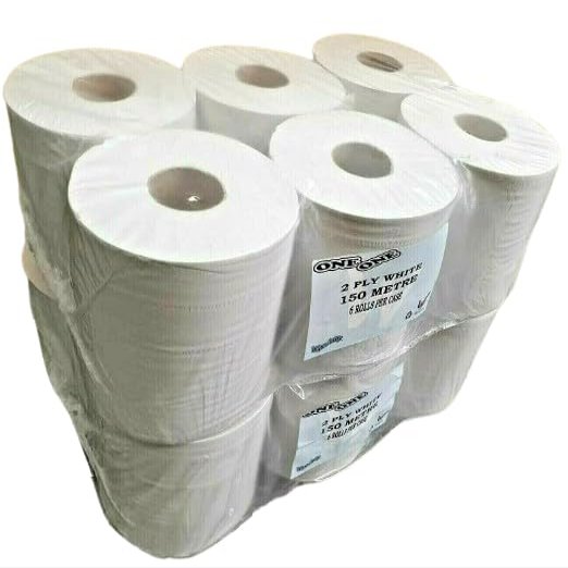 6 Pack White Centrefeed 150 Meter 2 Ply Plain Smooth Paper Tissue Roll Super Maxx