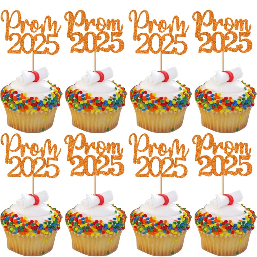 24 Pack Prom 2024 Graduation Cupcake Toppers Glitter 2024 Prom College Cupcake Picks for Congrats 2024 Graduation Class of 2024 Theme School Party Cake Decoration Supplies Orange