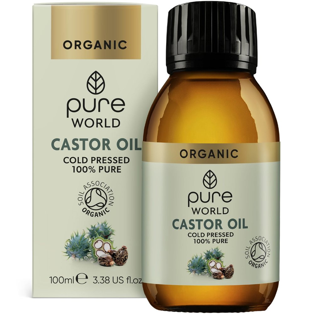 Pure World Natural Organic Castor Oil 100ml Premium Quality Cold & Fresh Press Glass Bottle Hexane Free, Hair, Skin - Ideal for Moisturizing, Conditioning, and eyelashes & Eyebrows, Food Grade