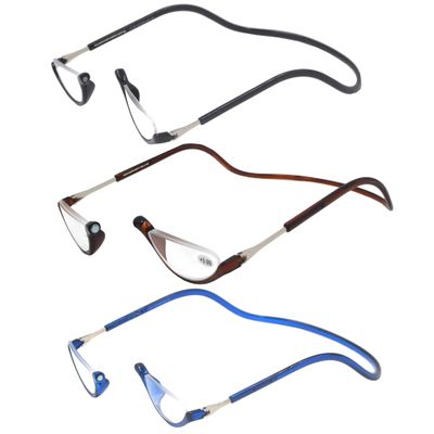 Ac-curate 3 Pack Front Connect Half Moon Readers for Men Women, Adjustable Temple Length (+2.00, Black and Blue)