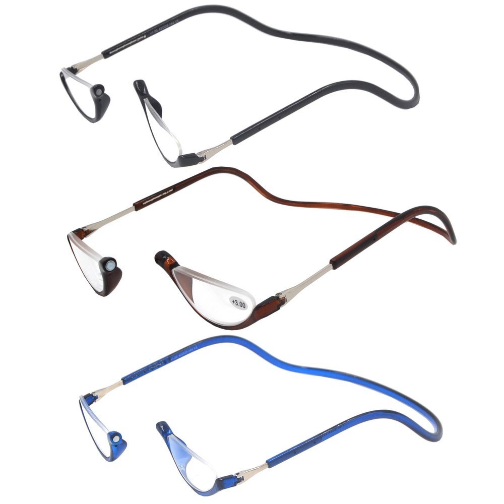 Ac-curate 3 Pack Front Connect Half Moon Readers for Men Women, Adjustable Temple Length (+2.00, Black and Blue)