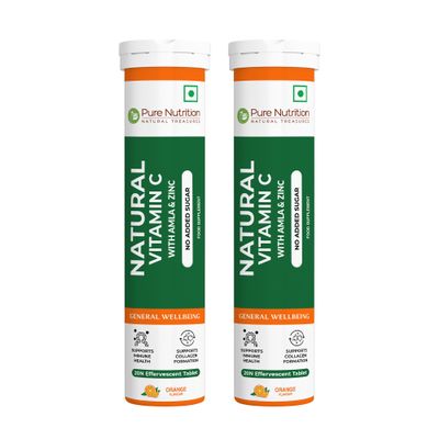 Pure Nutrition Vitamin C & Zinc, 40 Effervescent Tablets (20x2), Orange Flavour, 1000mg Amla Extract, Supports Skin, Immunity & Daily Wellness for Men & Women