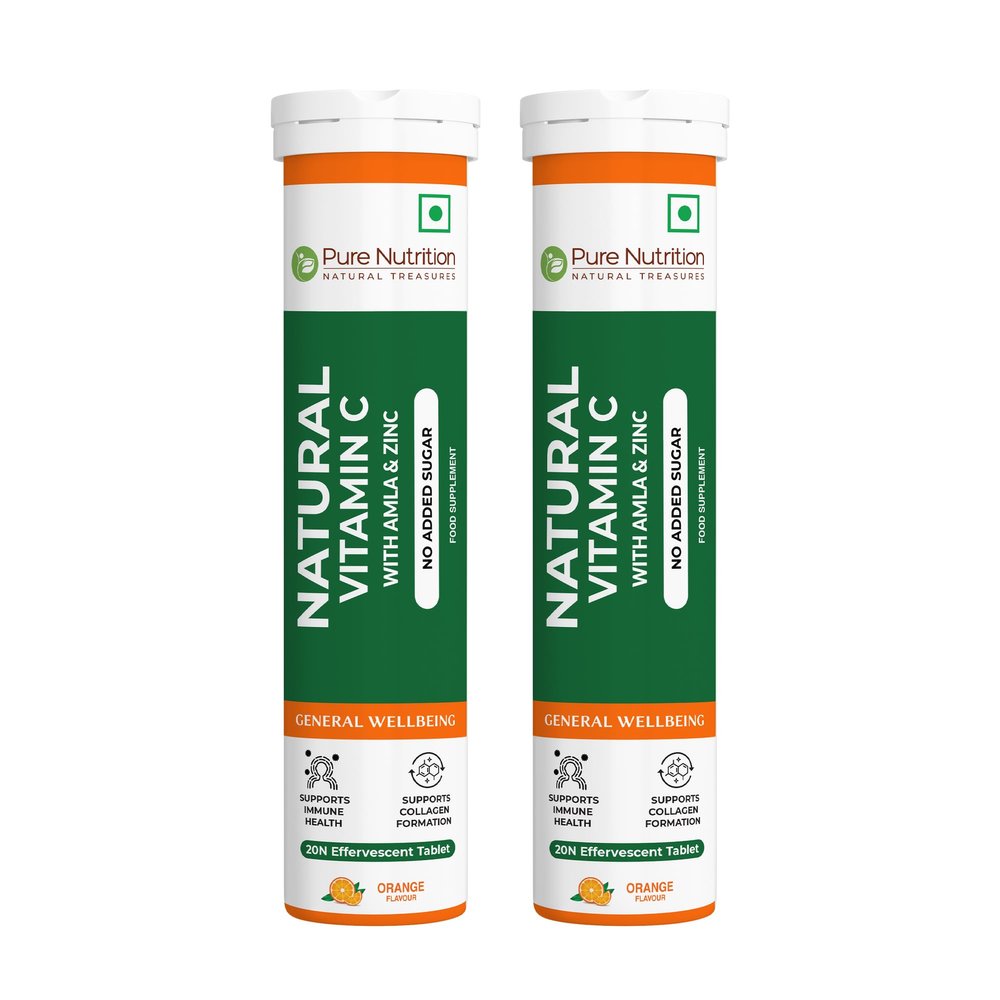 Pure Nutrition Vitamin C & Zinc, 40 Effervescent Tablets (20x2), Orange Flavour, 1000mg Amla Extract, Supports Skin, Immunity & Daily Wellness for Men & Women