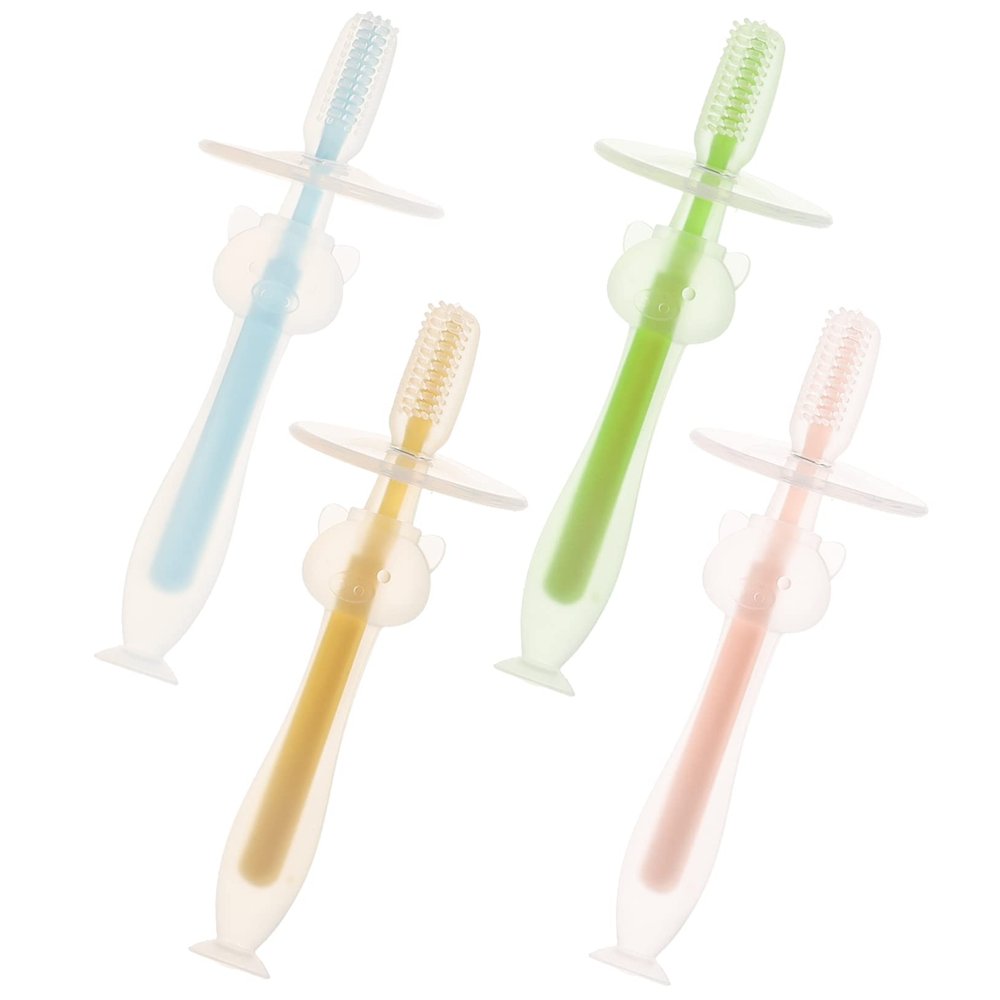 MAGICLULU Silicone Toothbrush for Baby 4Pcs Soft Bristles Suction Base Infant Toothbrush 6 to 12 Months Toddler Oral Cleaning Newborn Mouth Cleaner for Daily Use