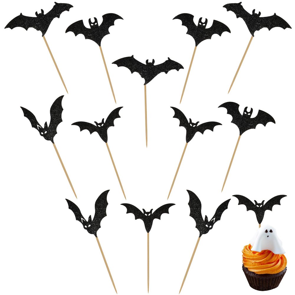 12 Pcs Halloween Cupcake Toppers - Black Glitter Bat, Halloween Cupcake Picks for Theme Party, Bat Birthday, Baby Shower