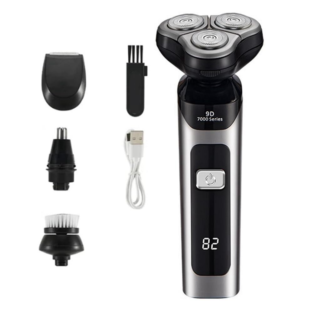 Junterone Electric Shaver LCD Digital Display Three- Floating Rechargeable Smart Waterproof Shaver Type-C Charge Silver
