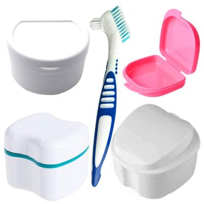 BZVCRTYKL Denture Toothbrush, Double Bristle Head Denture Cleaning Brush 4 Bath Case False Teeth Storage Container Case Orthodontic Dental Retainer Box Denture Bath Case /169