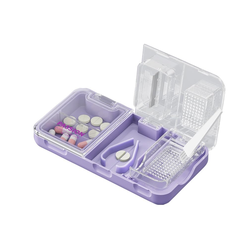 Pill Cutter Box, 3 in 1 Pill Splitter, Crusher and Storage, Portable Grind Tablet Box Organiser for Small or Large Pills, Cuts Vitamins Tablets, Travel Pill Crusher