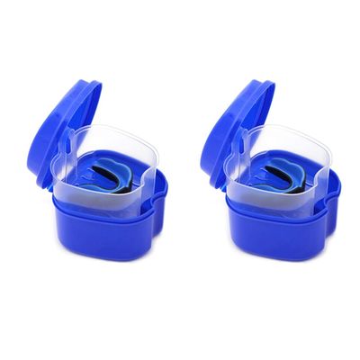 ISTOVO 2X Dark Blue Denture Case, with Strainer, Denture Bath Box False Teeth Storage Box with Basket Net Container Holder