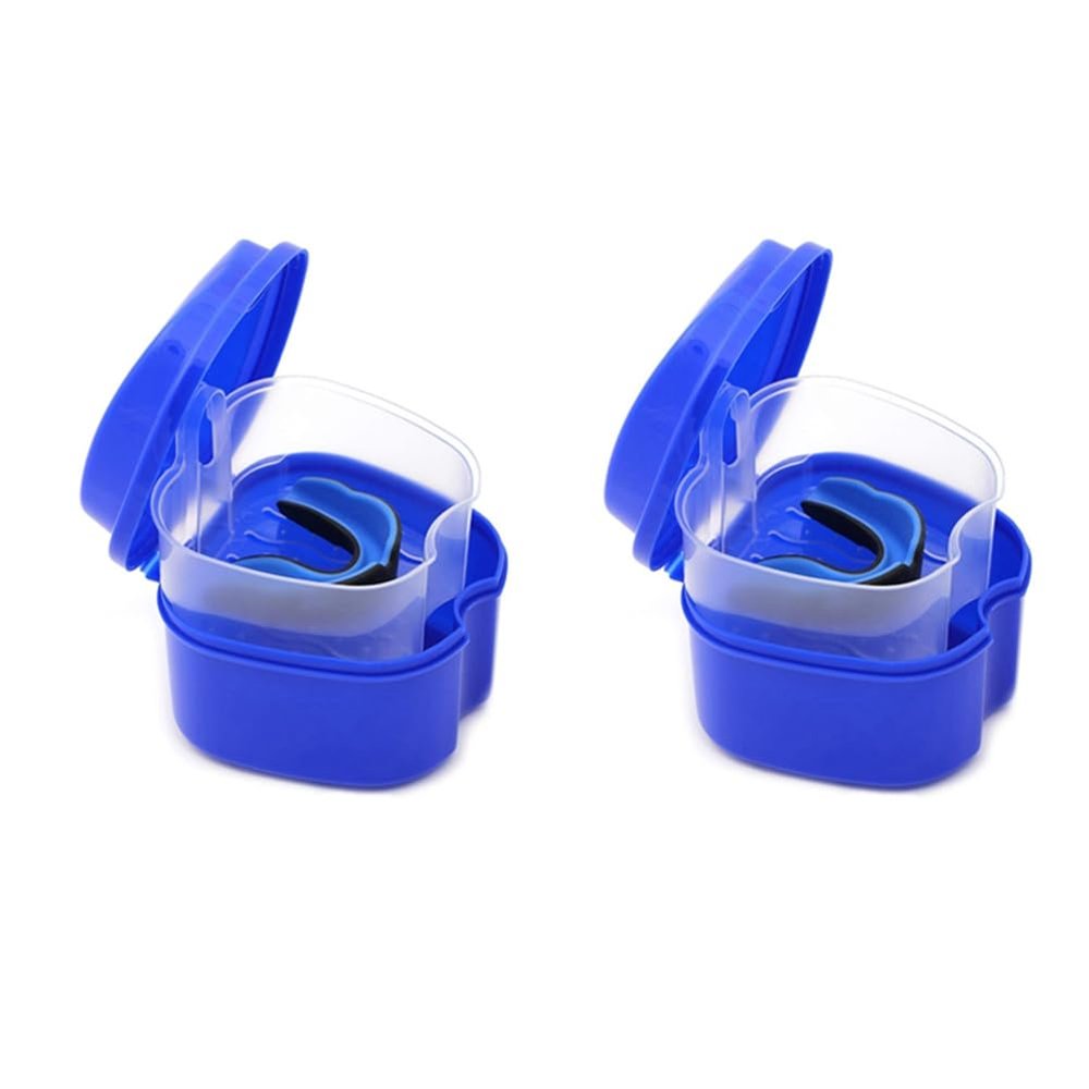 ISTOVO 2X Dark Blue Denture Case, with Strainer, Denture Bath Box False Teeth Storage Box with Basket Net Container Holder