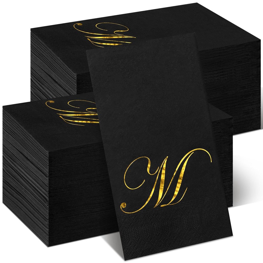100 Pcs Black Napkins Monogram Black and Gold Paper Hand Towels for Bathroom Disposable Mongrammed Foil Letter Napkins Decorative Dinner Paper Towels for Bathroom Wedding Party(M)