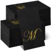 100 Pcs Black Napkins Monogram Black and Gold Paper Hand Towels for Bathroom Disposable Mongrammed Foil Letter Napkins Decorative Dinner Paper Towels for Bathroom Wedding Party(M) view 1