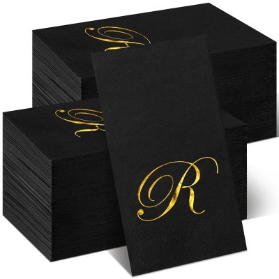 100 Pcs Black Napkins Monogram Black and Gold Paper Hand Towels for Bathroom Disposable Mongrammed Foil Letter Napkins Decorative Dinner Paper Towels for Bathroom Wedding Party(R)