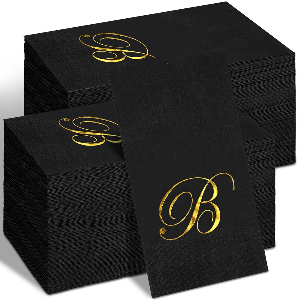 100 Pcs Black Napkins Monogram Black and Gold Paper Hand Towels for Bathroom Disposable Mongrammed Foil Letter Napkins Decorative Dinner Paper Towels for Bathroom Wedding Party(B)