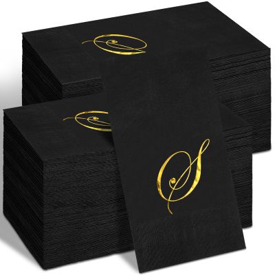 100 Pcs Black Napkins Monogram Black and Gold Paper Hand Towels for Bathroom Disposable Mongrammed Foil Letter Napkins Decorative Dinner Paper Towels for Bathroom Wedding Party(S)