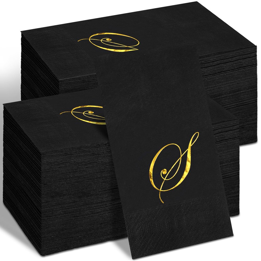 100 Pcs Black Napkins Monogram Black and Gold Paper Hand Towels for Bathroom Disposable Mongrammed Foil Letter Napkins Decorative Dinner Paper Towels for Bathroom Wedding Party(S)