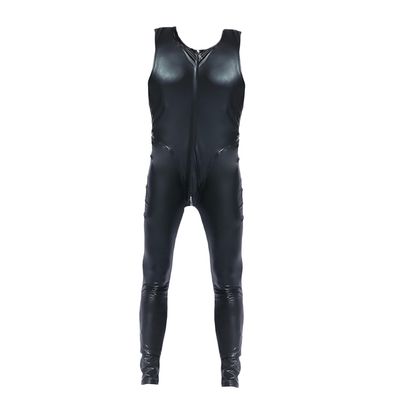 Tiwate Men's Muscle Jockstrap Performance Jumpsuit Patent Leather Leotard Catsuit Sexy Zipper Sleeveless Bodysuit (Black 1PC,M)
