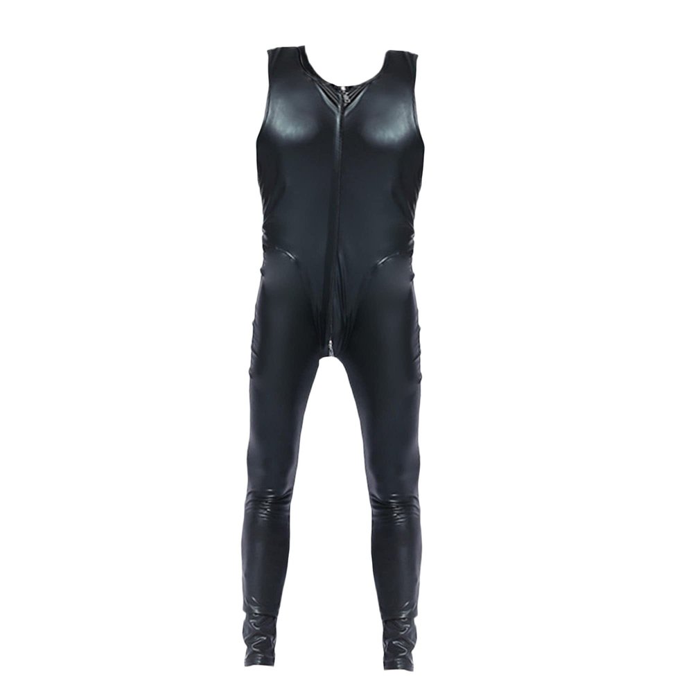 Tiwate Men's Muscle Jockstrap Performance Jumpsuit Patent Leather Leotard Catsuit Sexy Zipper Sleeveless Bodysuit (Black 1PC,M)
