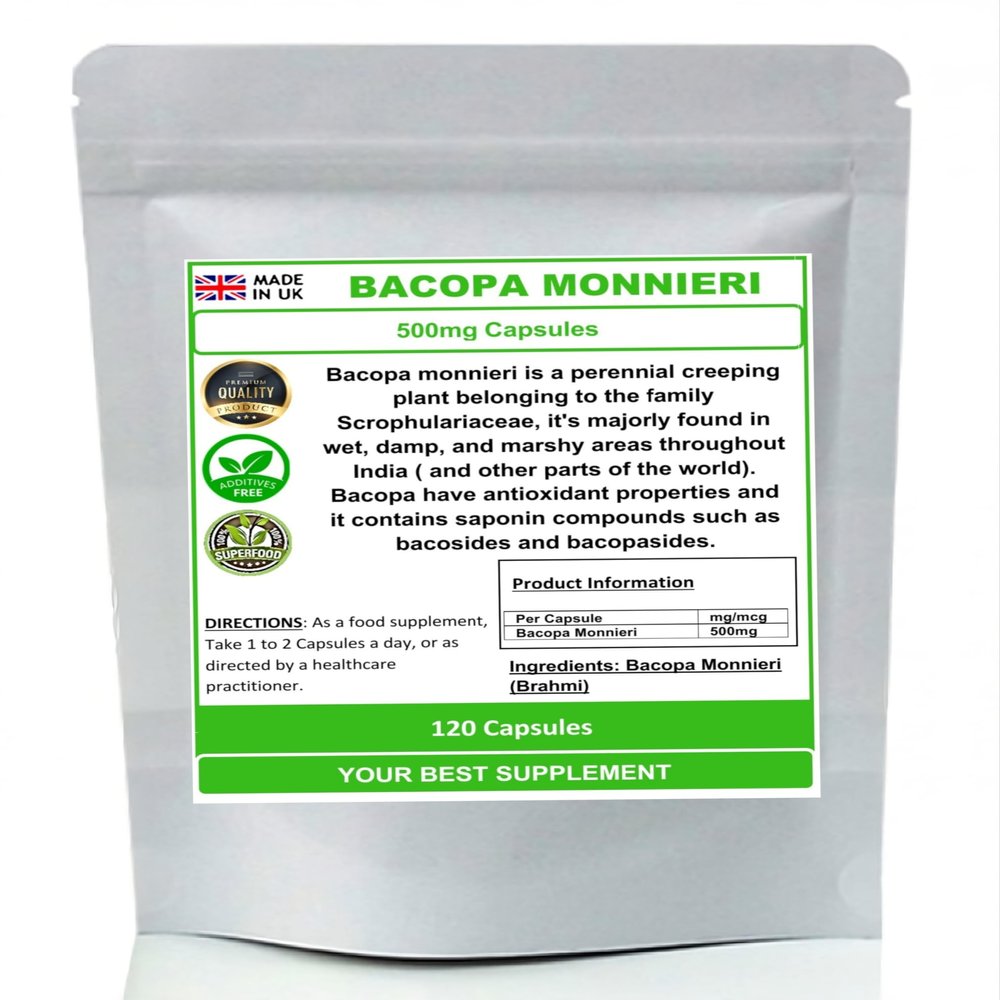 Bacopa Monnieri (Brahmi) 500mg Capsules- Natural (no additive) High Strength (120)