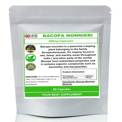 Bacopa Monnieri (Brahmi) 500mg Capsules- Natural (no additive) High Strength (90)