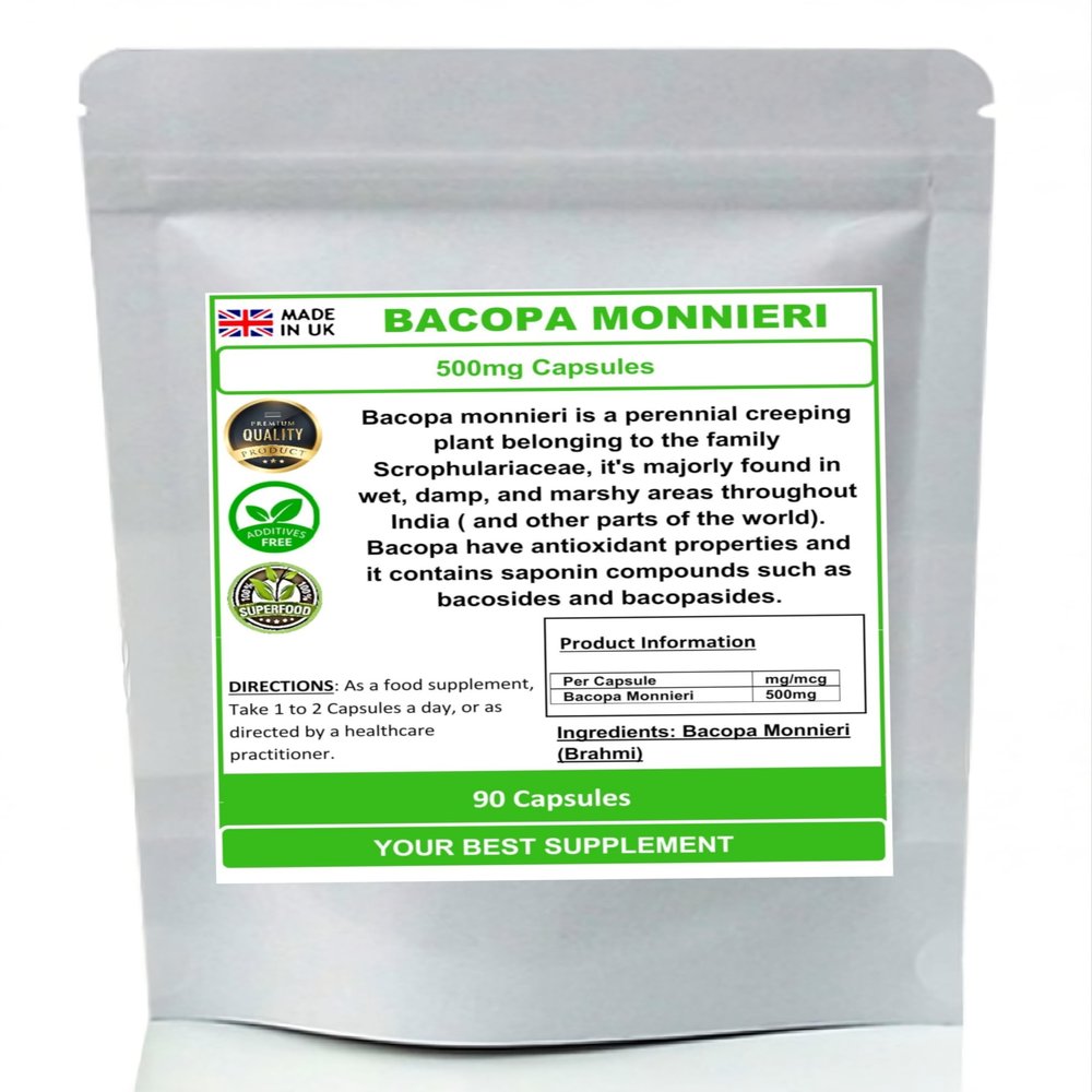 Bacopa Monnieri (Brahmi) 500mg Capsules- Natural (no additive) High Strength (90)