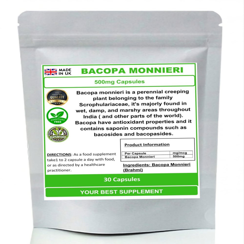 Bacopa Monnieri (Brahmi) 500mg Capsules- Natural (no additive) High Strength (30)