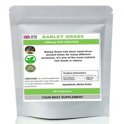 Barley Grass Capsules 750mg- Pure,Antioxidant (High Strength) No fillers (60)