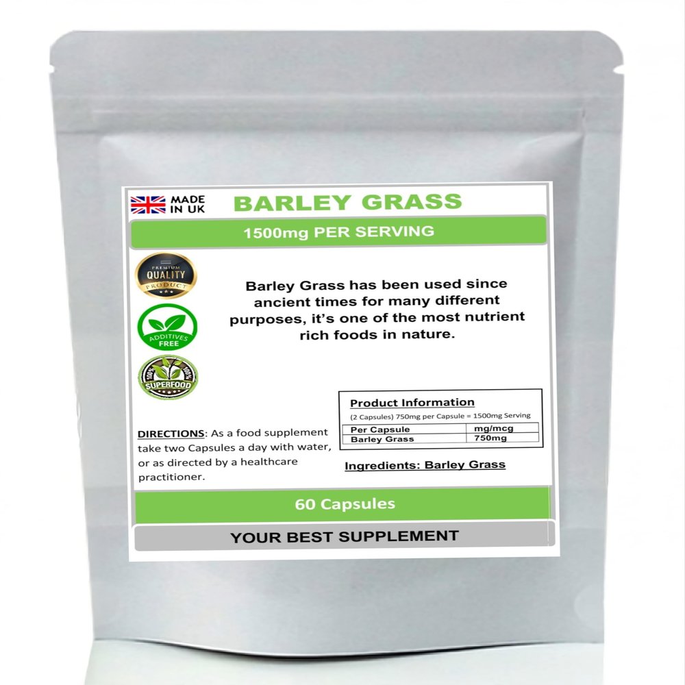 Barley Grass Capsules 750mg- Pure,Antioxidant (High Strength) No fillers (60)