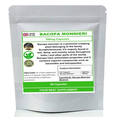 Bacopa Monnieri (Brahmi) 500mg Capsules- Natural (no additive) High Strength (60)